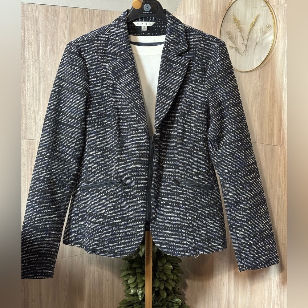 CAbi Navy Mingle Blue Black and White Textured Blazer Jacket